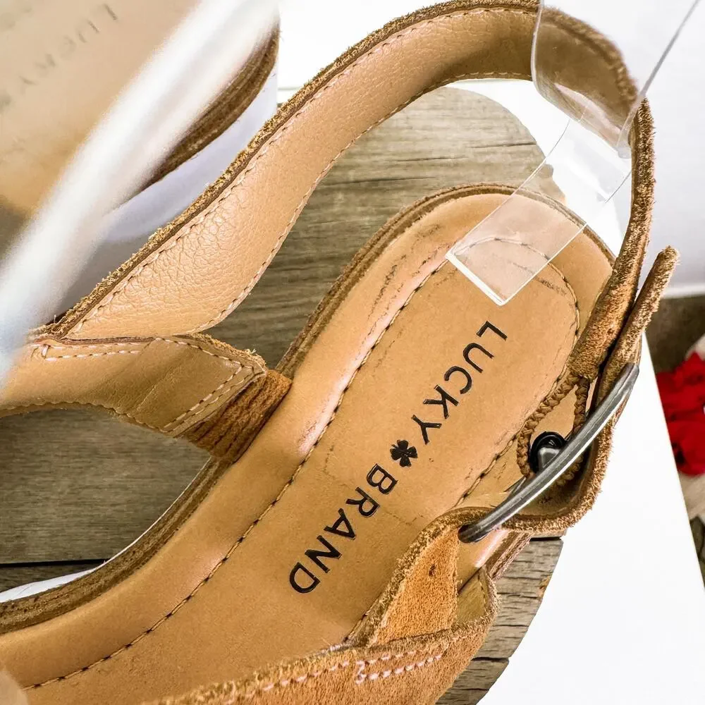 Lucky Brand LK-Tamri Suede Strap Wedge Platform Summer Sandals Cognac sz 9M NEW